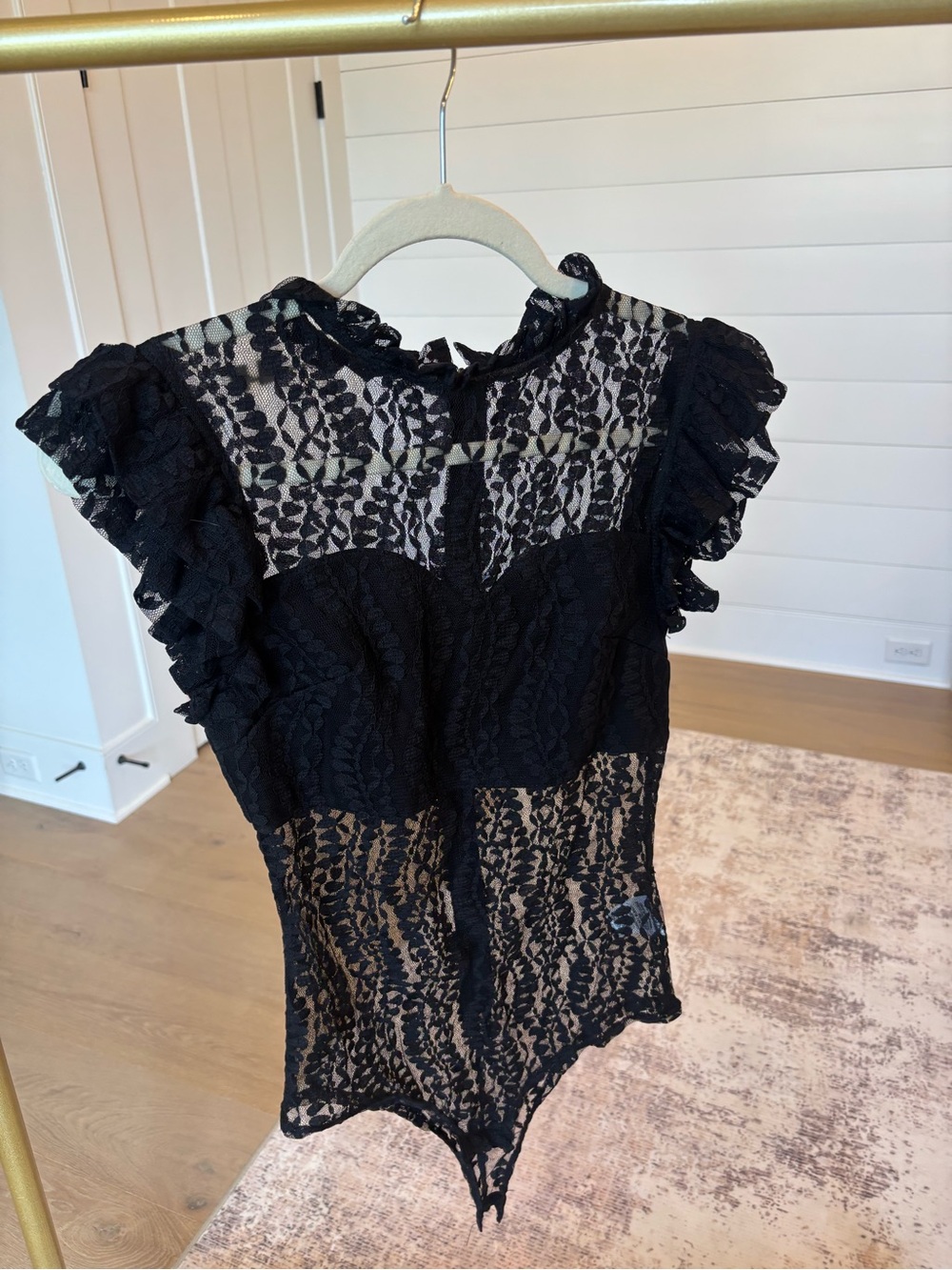 Delicate Black Lace Ruffle-Sleeve Bodysuit